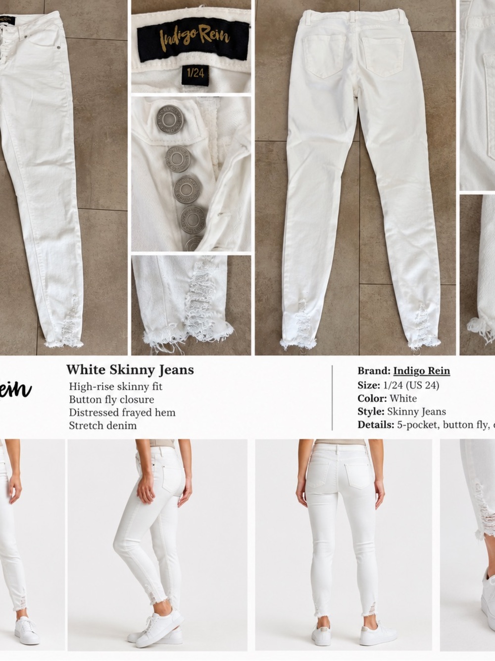 Indigo Rein White High-Rise Skinny Jeans with Frayed Hem size 1, waist 24